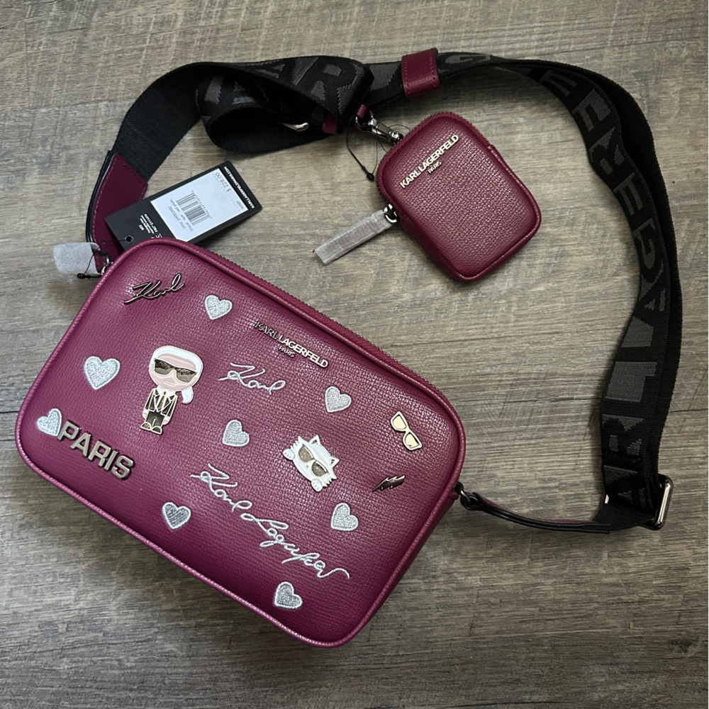 NEW KARL LAGERFELD PARIS MAYBELLE CATE PINS CROSSBODY CAMERA BAG STRAP BURGUNDY